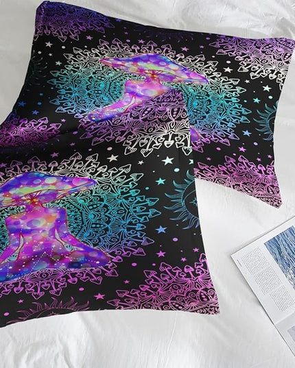 Comforter Set King Size, Mushroom Lotus 7 Pcs Bedding for Kids and Adults, Hippie Colorful Mandala Bed Sheet Sets with Fitted Sheet 2 Pillowcases & 2 Shams for Bedroom Bed Decor