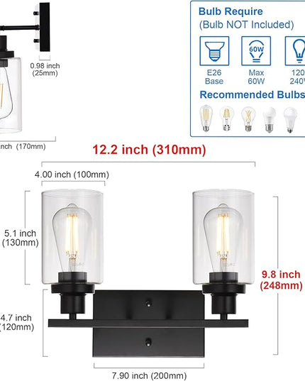 MELUCEE 2-Light Black Wall Sconce Industrial Vintage with Clear Glass Shade and Metal Base, Bathroom Vanity Lights Hallway Light Fixture Sconces Wall Lighting (Patent No.: US D963914 S)
