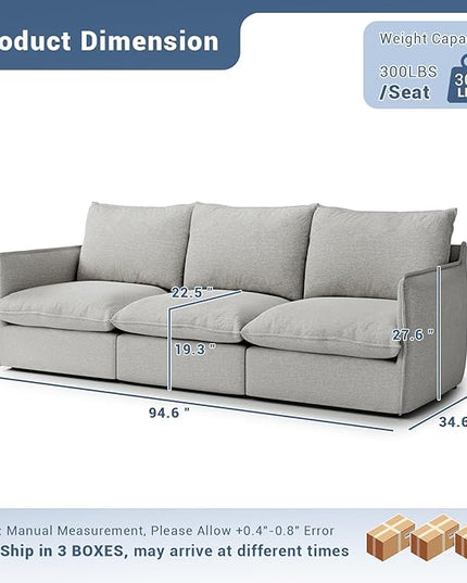 94.6" Cloud Modular Sectional Sofa, Waterproof Down Filled Sectional Sofas, High Backrest 3 Seater Sectional Couches for Living Room, Modern Modular Couch with Removable Cover, Light Gray
