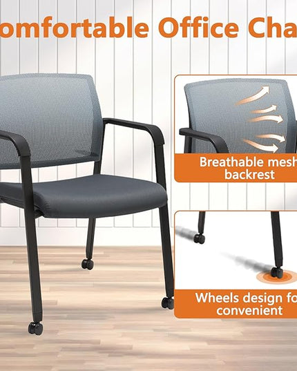 CLATINA Mesh Back Stacking Arm Chairs with Upholstered Fabric Seat and Ergonomic Lumbar Support for Office School Church Guest Reception (WithWheels Gray- 4 Pack)