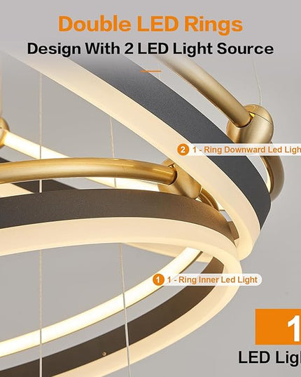 5-Rings Modern LED Chandelier Black Gold Dimmable Large High Ceiling Chandeliers Foyer, Remote Pendant Lighting for Foyer Entryway Dining Room Living Room Staircase(10-Ring Lighting, D29.5)