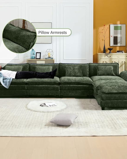 154" Modular Sectional Sofa, Comfy Cloud Couch Sectional Sofa with Ottoman, Chenille Sofa Sleeper Deep Seat Sofa with Throw Pillows for Living Room (Green, 154"- U Shape)
