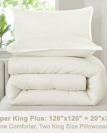 Litanika Oversized King Comforters Ivory Super King Plus Size, 3 Pieces Lightweight Solid Bedding Comforter Set, All Season Fluffy Bed Set (128x120In Comforter & 2 Pillowcases)
