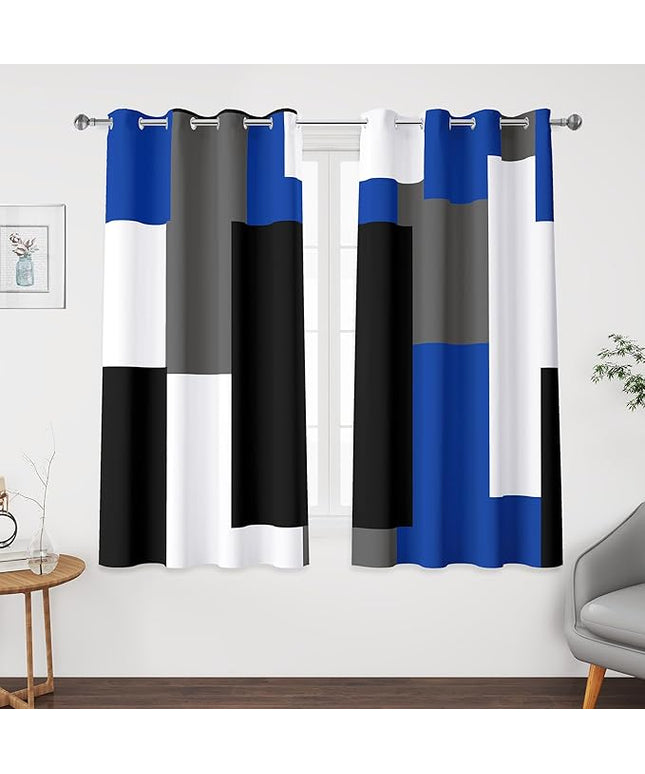 Blue Gray 100% Blackout Curtains 45 inch Length 2 Panels Set White Grey Modern Abstract Geometric Drapes for Kitchen Black Out Curtains Insulated Room Darkening Small Window Curtains, 52Wx45L