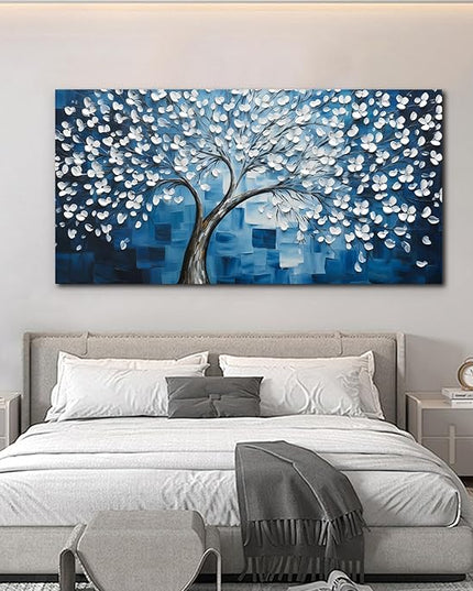 SSNEEKNDG Blue Tree of Life Wall Art for Bedroom White Flower Tree Large Artwork for Living Room Office Kitchen Modern Aesthetic Pictures Canvas Prints 29"x58"
