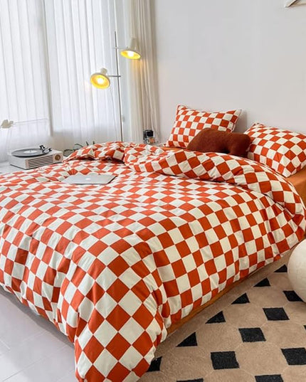 CLOTHKNOW Rust Beige Plaid Full Size Comforter Sets 3Pcs Grid Bedding Comforter Sets Terracotta Checker Comforter with 2 x Pillow Cases