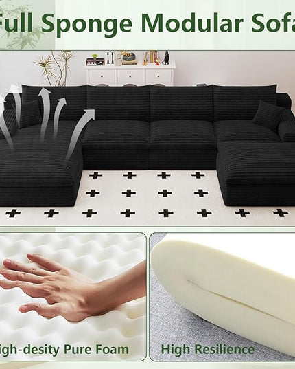 136" Cloud Couch Modular Sectional Sofa for Living Room, U-Shape Boneless Couch with Deep Seat, Modern Corduroy 4-Seater with Ottoman, No Assembly Required (Black,Left-Facing Chaise)