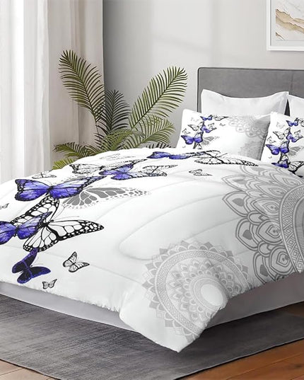 Full Size Comforter Set with 2 Pillowcases, Summer Spring Purple Butterfly 3 Pcs Bedding for Kids and Adults, Abstract Circular Mandala Floral Soft Comforter Set for Bedroom Bed Decor