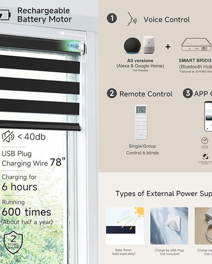 Cordless Motorized Zebra Blinds for Windows Blackout with Remote, Custom Dual Layer Smart Zebra Shades Work with Alexa Google, Automatic Electric Light Filtering Roller Shades, Luxury Black