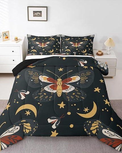 Sun Moon Kids Comforter Set Full Size,Starry Sky Galaxy Trippy Bohemia Bedding Set,Boys Girls Adults Room Decor,Death Moth Boho Exotic Down Comforter,Colorful Retro Duvet Insert,2 Pillowcases