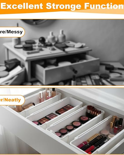 4pcs white drawer organizer Expandable drawer dividers vanity Drawers Storage Tray Expandable drawers organizer trays Dividers to Organize and Store for Bedroom, Bathroom, Kitchen Utensils