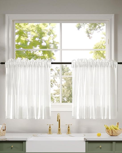 Anmao Non-See-Through Valance Kitchen Curtains 24 Inch Length 2 Panels Set, Off White Privacy Light Filtering Semi Sheer Over Sink Short Cafe Curtain Tiers for Small Windows, 25W x 24L, Ivory White