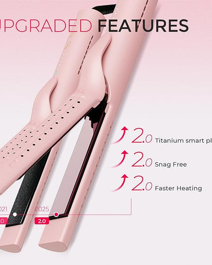 TYMO Airflow 2.0 Curling Iron Flat Iron - Hair Straightener and Curler 2 in 1, 1.25 Inch Curling Wand for Long Short Hair, Dual Voltage for Travel, 54 Million Ionic, Anti-Tangle, 5 Temps, Pink
