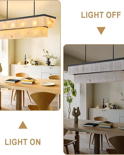 Rectangle Alabaster Chandelier, L54 Linear Chandeliers Over Table Pendant Light Modern Mrable Rectangular Chandelier for Kitchen Island Dining Room Living Room 2-Tier Black(Include 16 Bulbs)