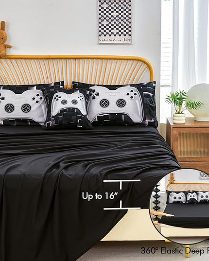 PERFEMET 6 Pieces Bed in A Bag Gamer Comforter Set Queen Size-Black White Game Console Bedding Set for Boys Girls-Soft Comfy 3D Cool Video Game Kids Bed Set(White, Queen)