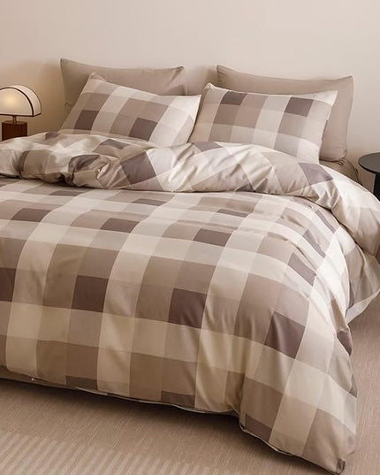 Luxlovery Checkered Khaki Beige Comforter Set Full Plaid Comforter Teens Women Gingham Grid Bedding Set Fluffy Soft Cottagecore Khaki and Cream Coffee Blanket Quilts with 2 Pillowcases Full Bed