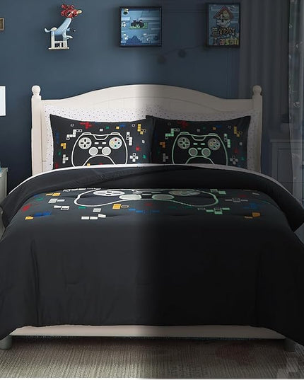 Full Size Comforter Set for Boys-7 Pieces Gamer Glow in The Dark Full Bedding Sets for Kids, Ultra Soft Bed in A Bag with Sheets
