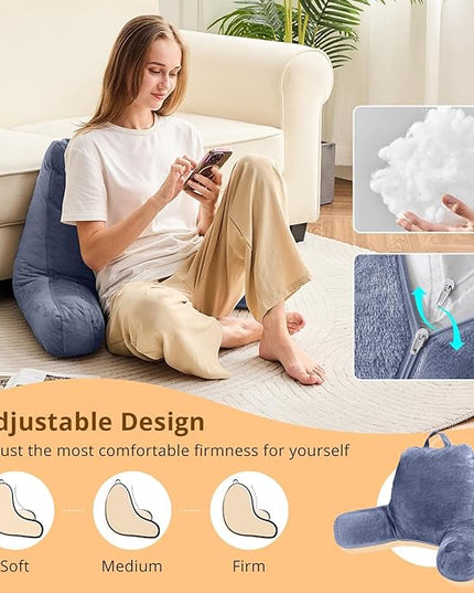 Sasttie Reading Pillow, Velvet Back Pillow for Bed Sitting Up, Adult Back-Rest Support Cushion with Arms for Sit Up on Couch, Sofa, and Floor, Dorm Essentials, Reading Accessories, Grey Purple
