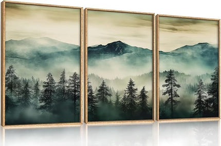 HOURIA Large Boho Mountain Forest Framed Canvas Wall Art Set,Nature Foggy Woodland Wall Decor,Modern Pine Tree Artwork,Watercolor Botanical Art Print for Living Room,Bedroom,Farmhouse- 16"x24"x3