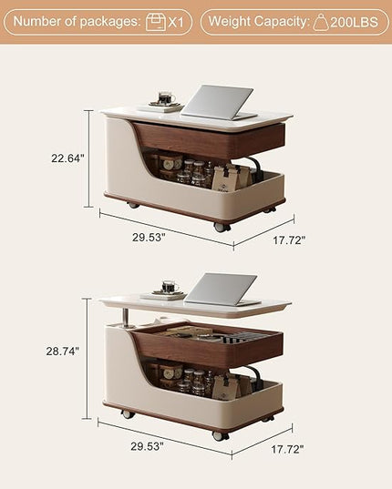 Lift Top Coffee Table with Storage, Small Rolling Side Table/NightStand Table for Living Room Kitchen Bedroom Small Apartment (White + Walnut)
