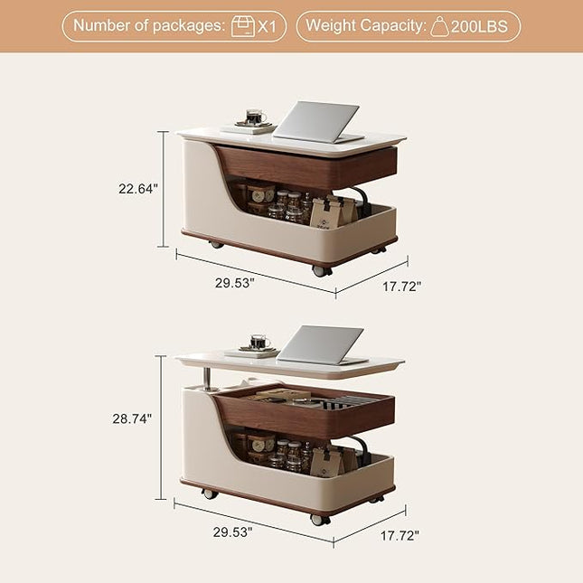 Lift Top Coffee Table with Storage, Small Rolling Side Table/NightStand Table for Living Room Kitchen Bedroom Small Apartment (White + Walnut)