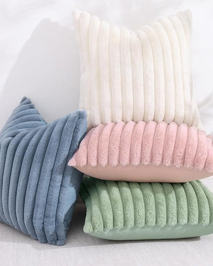 decorUhome Faux Fur Spring Throw Pillow Covers 26x26 Set of 2, Decorative Soft Plush Striped Neutral Couch Euro Pillow Covers with Velvet Back for Sofa, Bed, Living Room Home Decor, Grey Blue