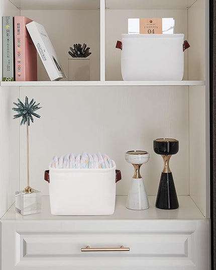 Kntiwiwo Small Fabric Storage Bins, 7.8x6.7x5.9 inch Mini Storage Cubes 4-Pack Storage Basket for Makeup Collapsible Fabric Storage Organizer with Handles, Decorative Basket for Desk, Shelves, White