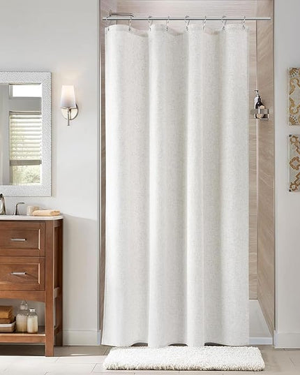 Naturoom 42 Inch Shower Curtain - Stall Narrow Half Linen Ultra Thick Fabric Shower Curtain Set with Hooks, Boho Farmhouse Rustic RV Camper Bath Curtains for Bathroom, Beige White, 42x72
