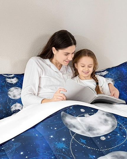 Sun and Moon Kids Comforter Set King Size,Starry Sky Galaxy Planet Trippy Bedding Set,Boys Girls Adults Room Decor,Hassam Hand Dead Snake Boho Exotic Down Comforter,Blue Duvet Insert,2 Pillowcases