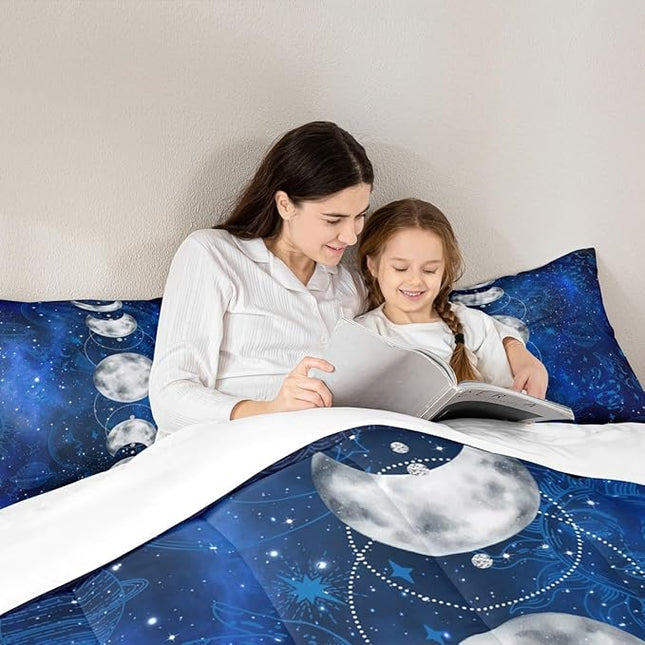 Sun and Moon Kids Comforter Set King Size,Starry Sky Galaxy Planet Trippy Bedding Set,Boys Girls Adults Room Decor,Hassam Hand Dead Snake Boho Exotic Down Comforter,Blue Duvet Insert,2 Pillowcases