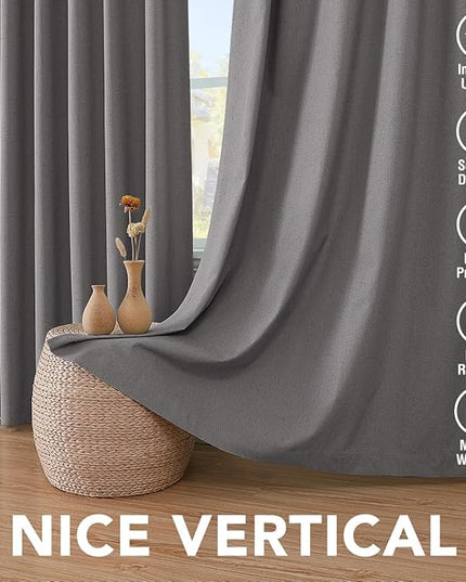 H.VERSAILTEX Linen Blackout Curtains 108 Inches Long 100% Absolutely Blackout Thermal Insulated Textured Linen Look Curtain Draperies Anti-Rust Grommet, Energy Saving with White Liner, 2 Panels, Grey