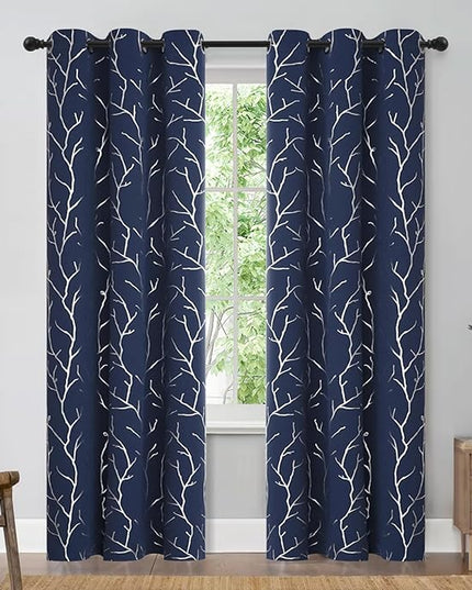 BUHUA Silver Darkening Curtains Tree Branches Print,Thermal Insulated Curtains, Drapes for Sliding Glass Door(38 x 96 Inch, Navy Blue, 2 Panels)