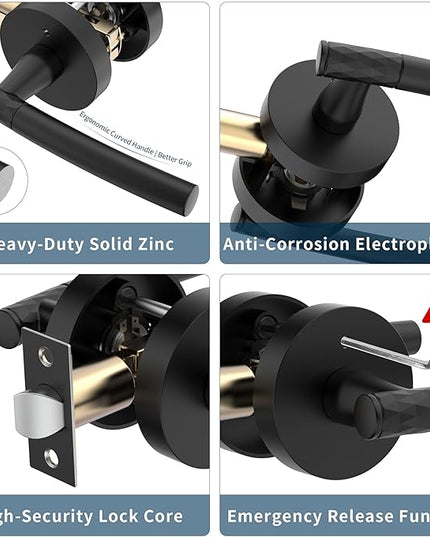 1 Pack Matte Black Privacy Door Handle - Keyless Entry, Heavy Duty Zinc Alloy Lever for Bedroom/Bathroom