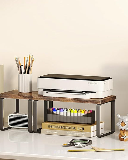 Homeiju Wooden Desktop Organizer Shelf, 2-Tier Adjustable Freestanding Bookshelf Desk Shelf, Stackable Desk Organizer for Office, Dorm, Bedroom, Space Saving, Easy Assembly, Rustic Brown (1 Pack)