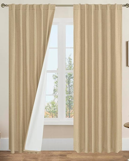 LAMIT 100% Burlap Curtains for Living Room, 108 Inches Natural Linen Textured Thermal Bedroom Curtains Back Tab and Rod Pocket Blackout Panels with White Liner, 2 Panels, 52 x 108 Inch