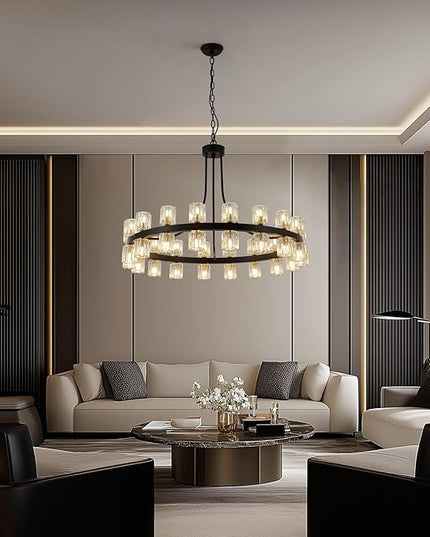 36" Wagon Wheel Chandelier Black Wagon Wheel Chandelie with Crystal Shade,Modern Style, Ideal for Dining Room, Kitchen, Entryways,36-Lights
