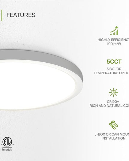 ASD LED 12" Round Flush Mount Ceiling Light Fixture, Low Profile Surface Lighting | 5CCT, Dimmable, Ultra-Thin, ETL Listed | 24W 2000LM 2700-6000K 100-277V | Kitchen, Hallway Lamp | White, 12 Pack