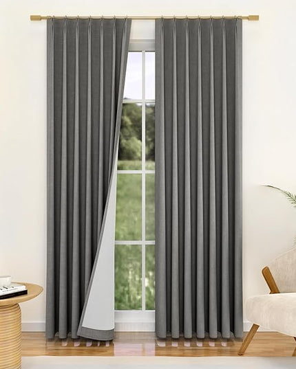 YZ HOME Grey Linen 100% Blackout Pinch Pleated Curtains 108 Inches Long 2 Pages for Living Room Gray Back Tab Thermal Insulated Black Out Drapes Living Room High Ceiling Length 9 Ft