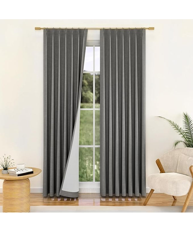 YZ HOME Dark Grey Pinch Pleated 100% Blackout Curtains 95 Inches Long Linen Room Darkening Window Curtains for Living Dining Room Bedroom Thermal Insulated Pinch Pleat Double Layer Drapes with Hooks
