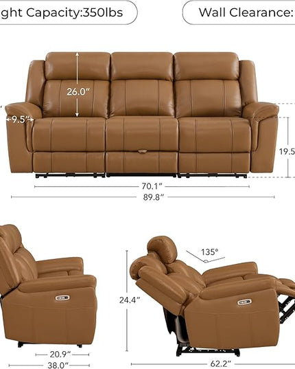 CHITA Genuine Leather Power Recliner Sofa, Wall Hugger Reclining Sofa with Drop Down Table, Power Headrest, Drawers, Charging Ports, Reclining Sectional Couch for Living Room, RV, Saddle