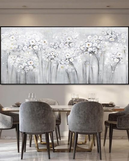 Flower Wood Wall Decor White Wall Art Textured Canvas Painting 32"x70" Decorative Pictures for Bedroom Kitchen Large Artwork