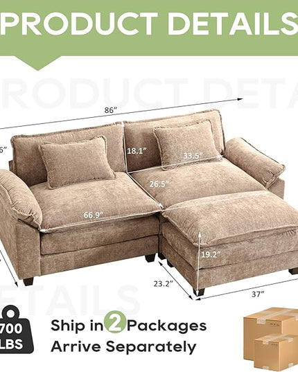 86" Modular Sectional Sofa, Comfy Cloud Couch Sectional Sofa with Ottoman, Chenille Sofa Sleeper Deep Seat Sofa with Throw Pillows for Living Room (Khaki, 86"- L Shape)