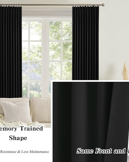 KEQIAOSUOCAI 72 Inch Wide Black Pinch Pleated Curtains 72 x 108, Thermal Insulated Noise Cancelling Living Room Office Drapes 108 Inches Long, Patio Sliding Glass Door Window Curtain 2 Panels
