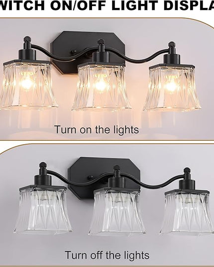 Bathroom Vanity Light Fixtures, 3-Light Vintage Matte Black Vanity Lights with Crystal Glass Shades, Farmhouse Bathroom Lighting Fixtures Over Mirror for Bathroom Bedroom Hallway