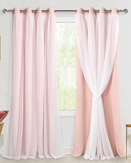Hiasan Pink Blackout Curtains with Sheer Overlay Thermal Insulated Mix & Match Double Layer Room Darkening Window Curtains for Bedroom Living Room Nursery 2 Panels with Tiebacks(52W X 108L,Blush Pink)