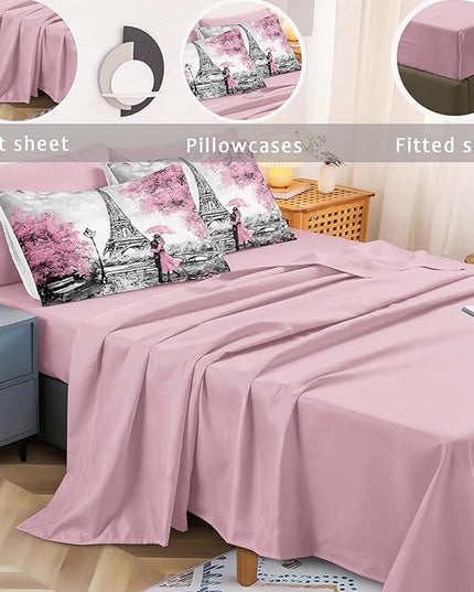 Bedbay 8 Pieces Pink Paris Comforter Set Full Bed in a Bag Set Boys Girls Bedding Full Size Eiffel Tower Romantic Couple Paris Themed Bedroom Decor Pink and Grey Comforter Set (Couple,Full)