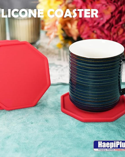 6 Pieces Silicone Coasters, Octagon Shape Hot Cup Mat for Drinks, Heat Resistant Glass Cushion, Coffee Coaster for Table, Desk, Kitchen, Office, Bar Protection (Red)