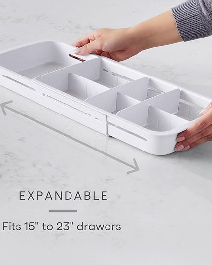 YouCopia DrawerFit Sliding Drawer Tray with Adjustable Dividers, Expandable Kitchen Storage Organizer, Speckled White