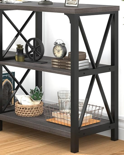 IBF Long Console Table, Industrial Entryway Table with Storage Shelves, Modern Metal Wood Sofa Table Behind Couch, Farmhouse 3 Tier Foyer Hallway Table for Entry Living Room, Dark Gray Oak, 63 in