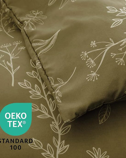 MUXHOMO Olive Green Full Comforter Set, Elegant Floral Print Bed in a Bag 7 Pieces, Ultra Soft & Breathable Reversible Botanical Pattern Bedding Set with Comforter, Sheets, Pillowcases, and Shams